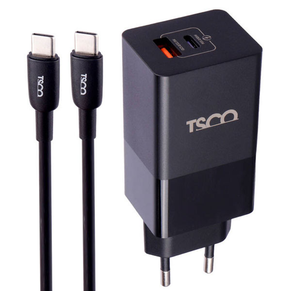 شارژر دیواری فست شارژ TSCO TTC 67 GaN 2Port QC3 PD 5A 65W Type-C + کابل تبدیل تایپ سی