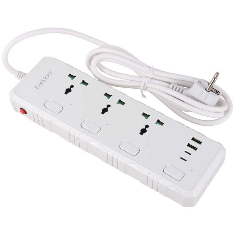 چند راهی 3 خانه برق ارت دار ارلدام ES-SC10 با کابل 2 متری + شارژر USB و Type-C