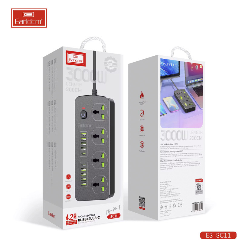 چند راهی 4 خانه برق ارت دار هوشمند ارلدام ES-SC11 با کابل 2 متری + شارژر USB و Type-C