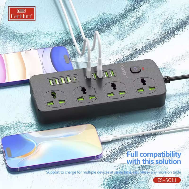 چند راهی 4 خانه برق ارت دار هوشمند ارلدام ES-SC11 با کابل 2 متری + شارژر USB و Type-C