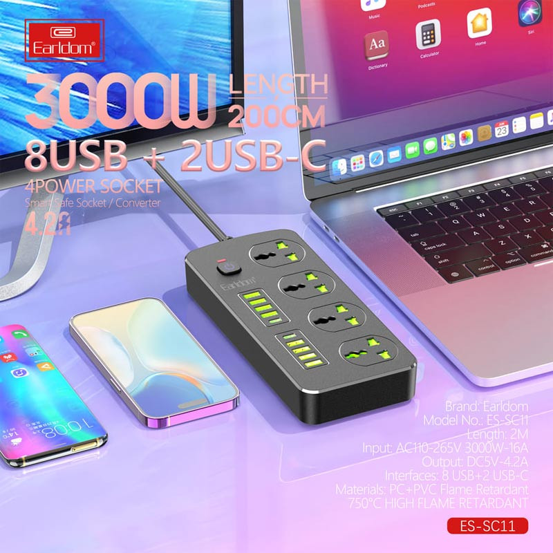 چند راهی 4 خانه برق ارت دار هوشمند ارلدام ES-SC11 با کابل 2 متری + شارژر USB و Type-C