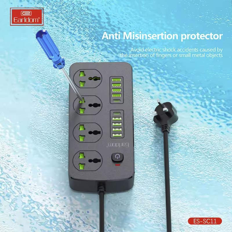 چند راهی 4 خانه برق ارت دار هوشمند ارلدام ES-SC11 با کابل 2 متری + شارژر USB و Type-C