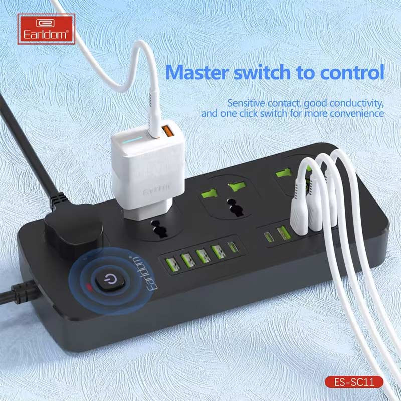 چند راهی 4 خانه برق ارت دار هوشمند ارلدام ES-SC11 با کابل 2 متری + شارژر USB و Type-C