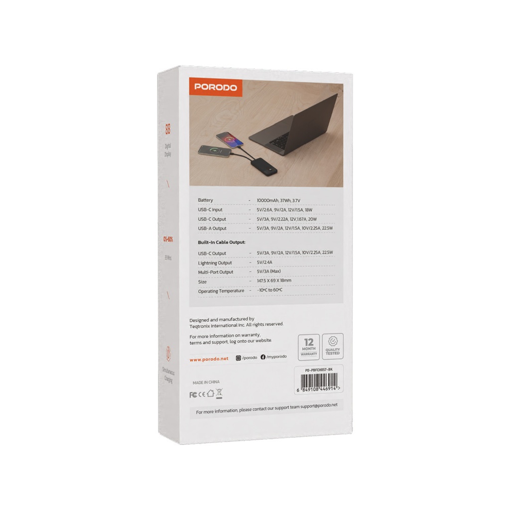 پاور بانک و کابل فست شارژ Porodo PD-PBFCH057 10000mAh