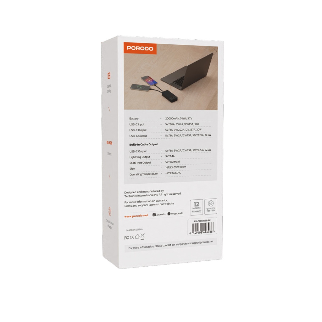 پاور بانک و کابل فست شارژ Porodo PD-PBFCH058 20000mAh