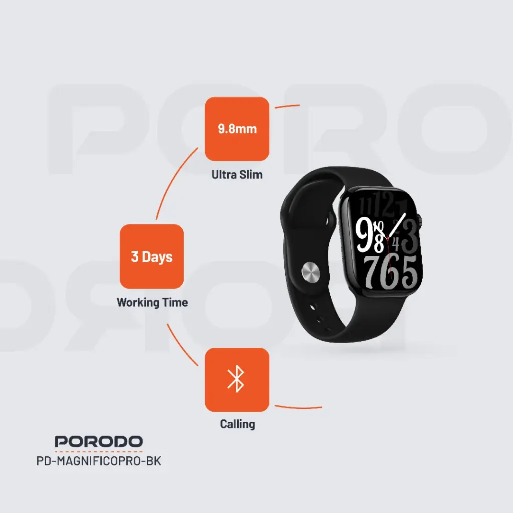 ساعت هوشمند Porodo Jet Black Magnifico Pro
