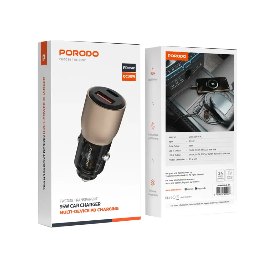 شارژر فندکی 95W شفاف Porodo PD-FWCH048