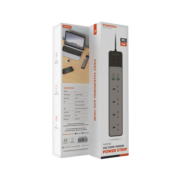 چند راهی برق هوشمند Porodo PD-FWCH045 4AC 65W 3000W
