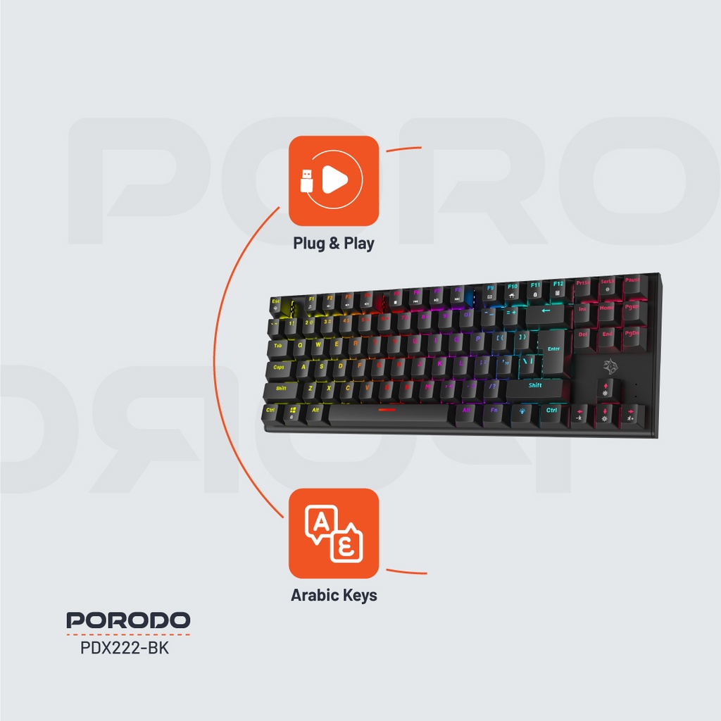 کیبورد گیمینگ مکانیکی 87 کلید Porodo PDX222
