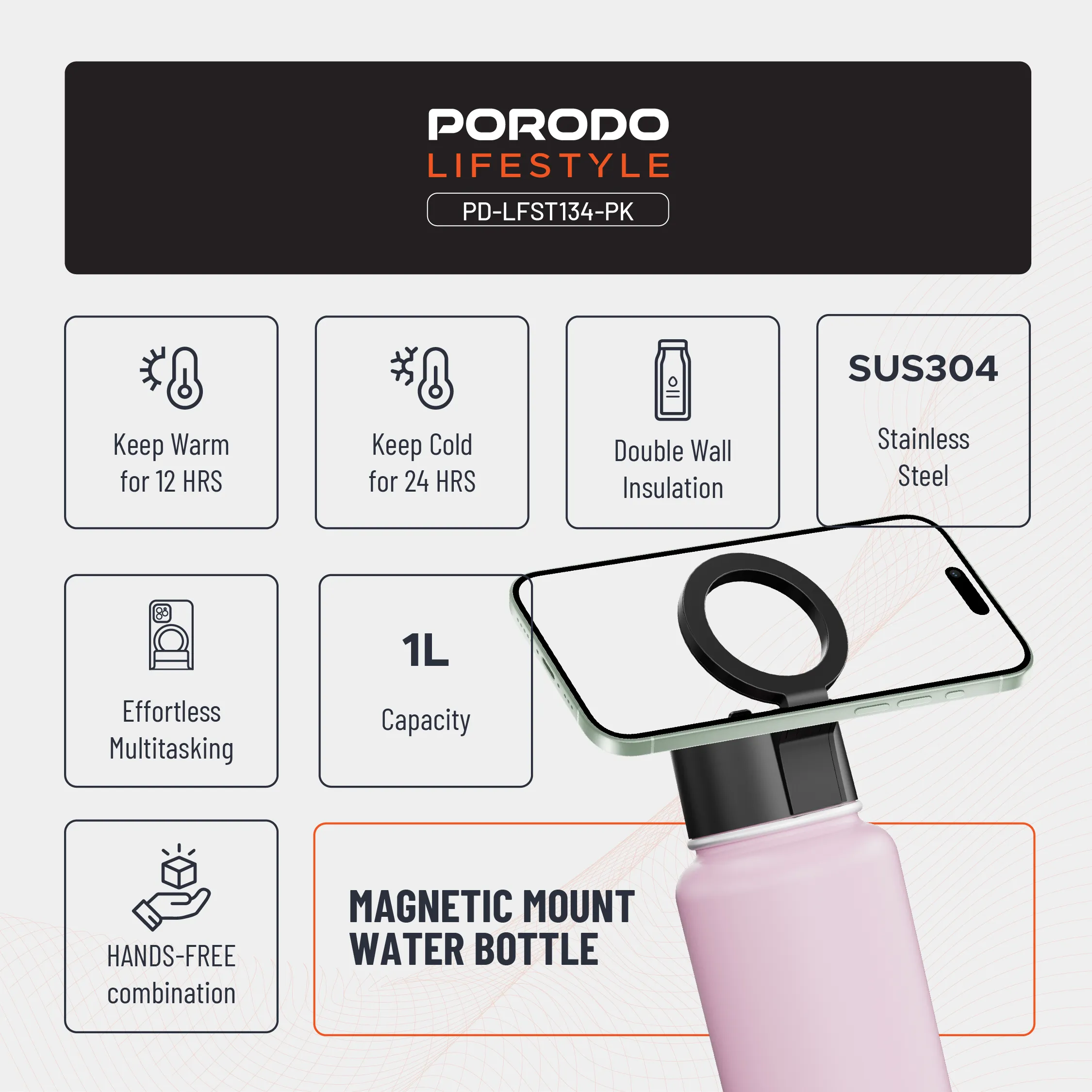 بطری آب و هلدر مگنتی Porodo PD-LFST134