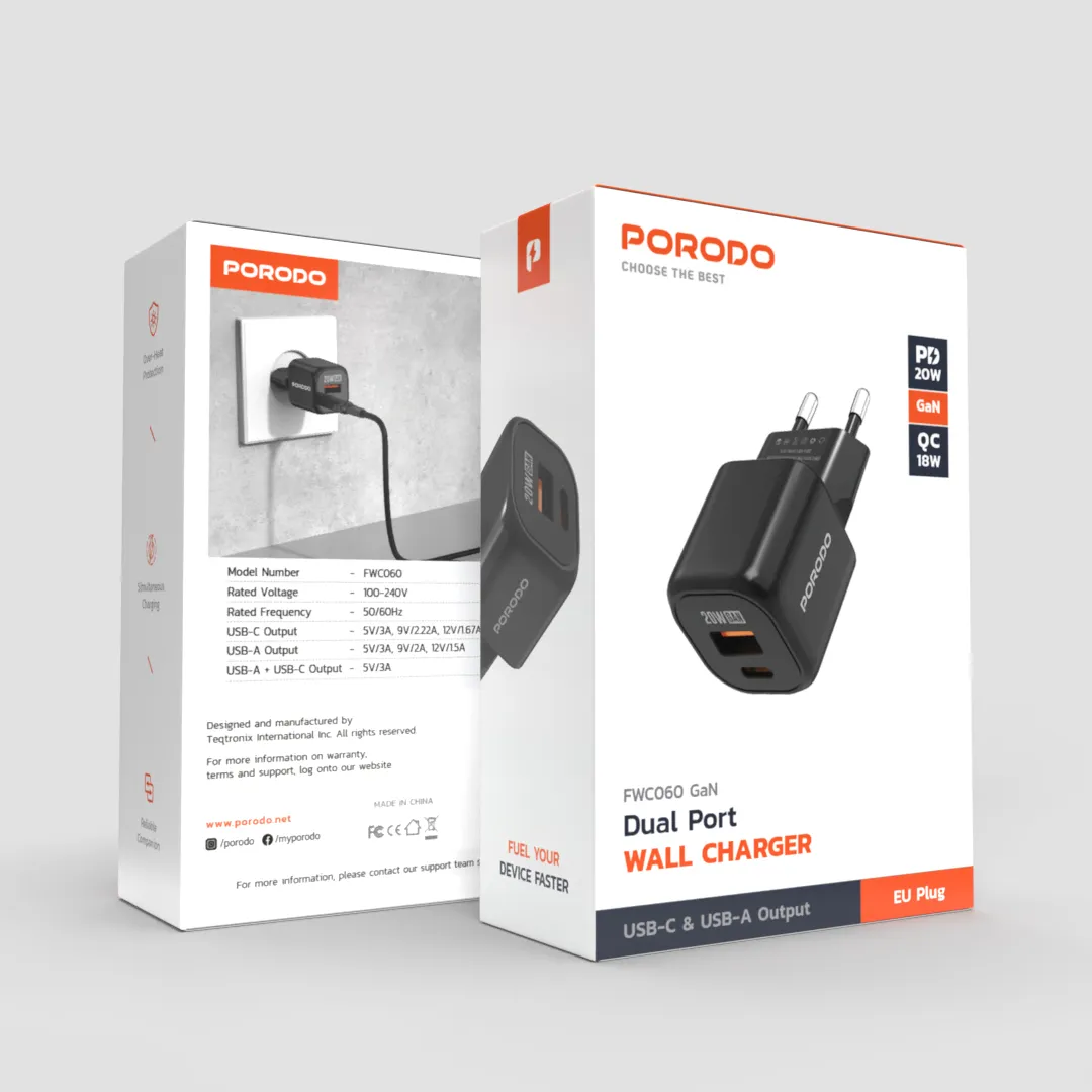 کلگی فست شارژ 2پورت و کابل Porodo PD-FWCH060 20W
