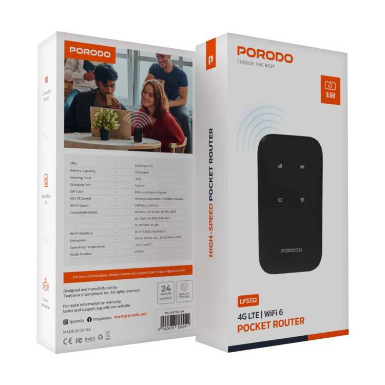 مودم جیبی Porodo PD-LFST132 4G LTE & WiFi 6