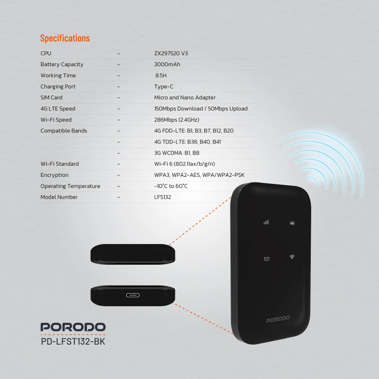 مودم جیبی Porodo PD-LFST132 4G LTE & WiFi 6