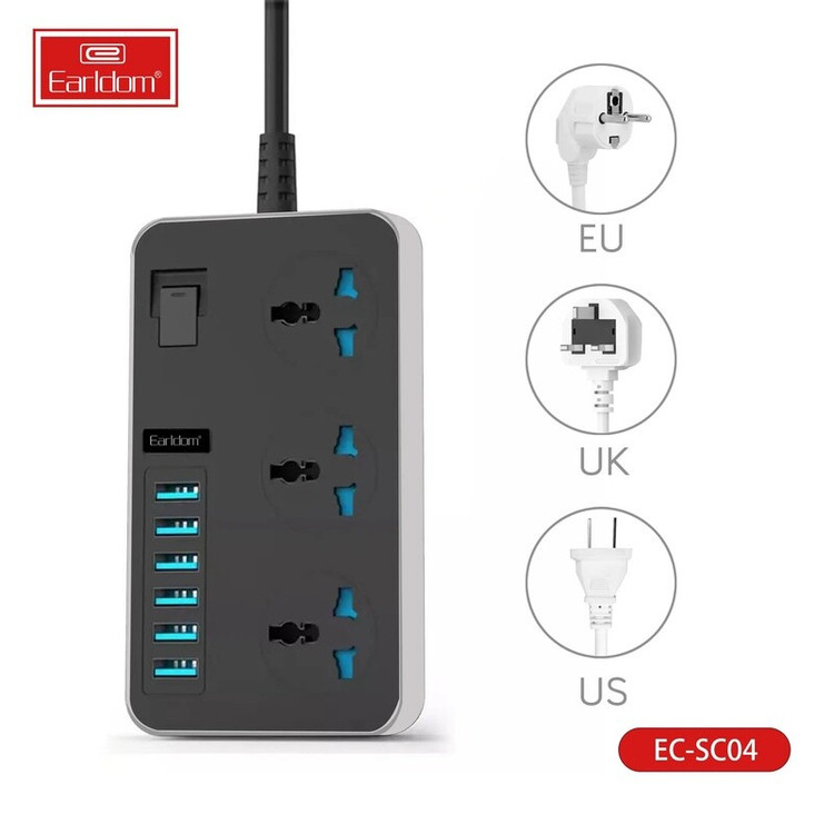 چند راهی 3 خانه ارت دار ارلدام ES-SC04 با کابل 2 متری + شارژر USB