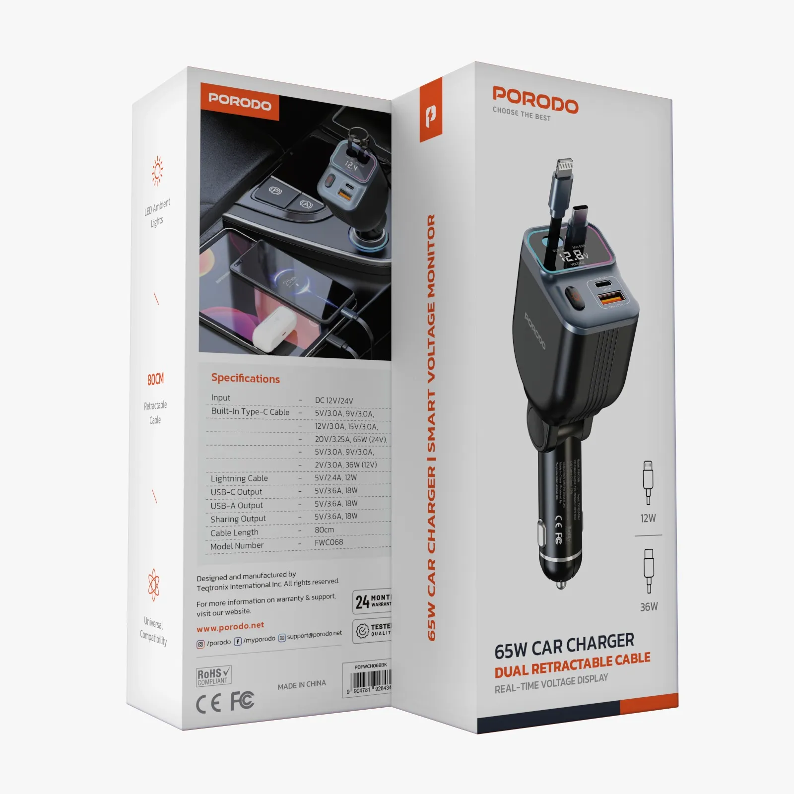 شارژر فندکی و کابل فست Porodo PDFWCH068 65W