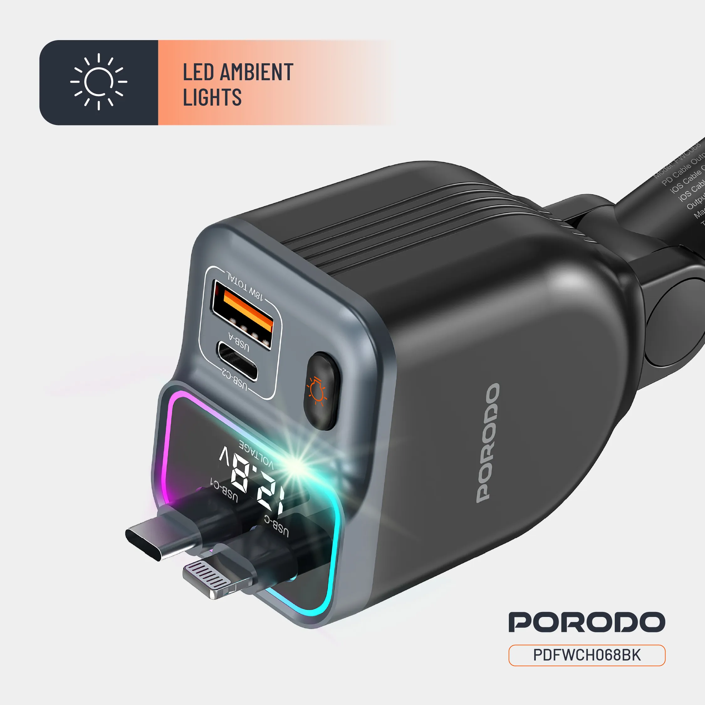 شارژر فندکی و کابل فست Porodo PDFWCH068 65W