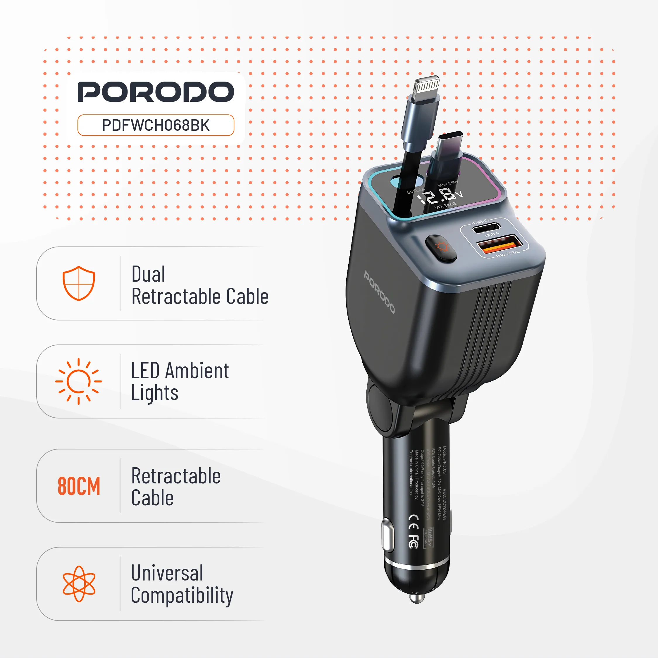 شارژر فندکی و کابل فست Porodo PDFWCH068 65W