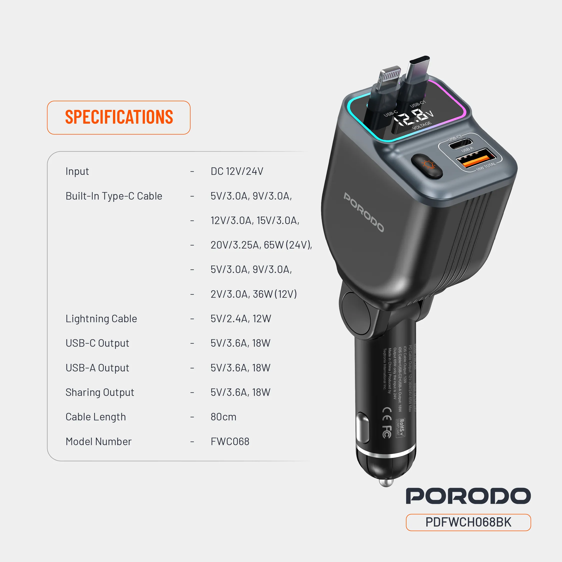 شارژر فندکی و کابل فست Porodo PDFWCH068 65W