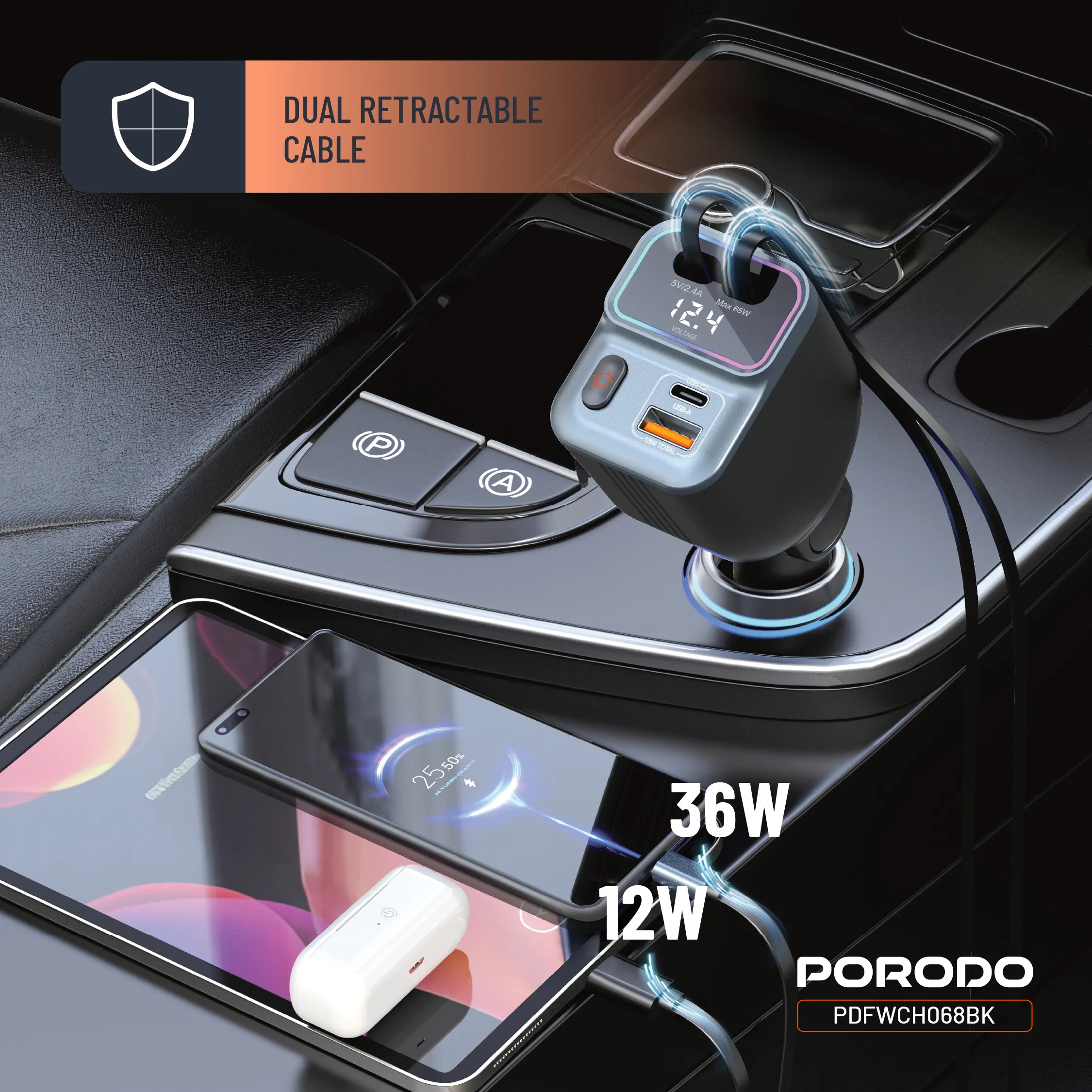 شارژر فندکی و کابل فست Porodo PDFWCH068 65W