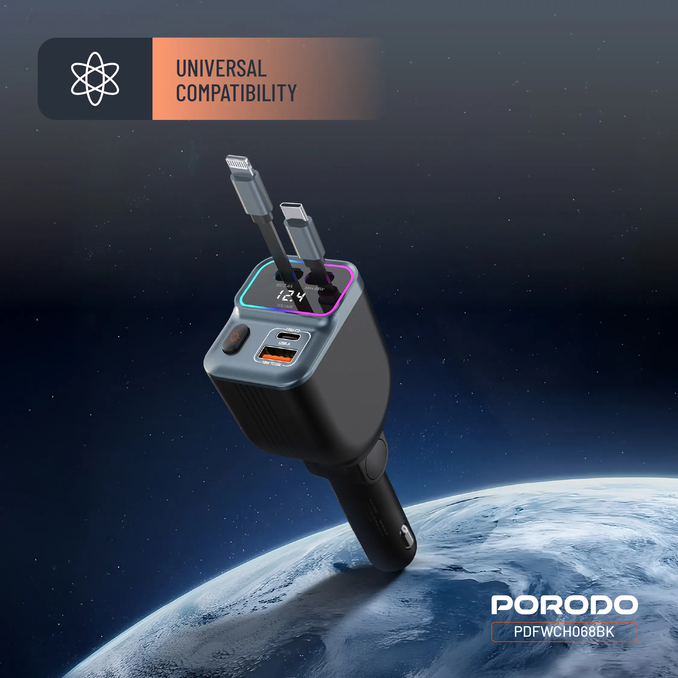شارژر فندکی و کابل فست Porodo PDFWCH068 65W