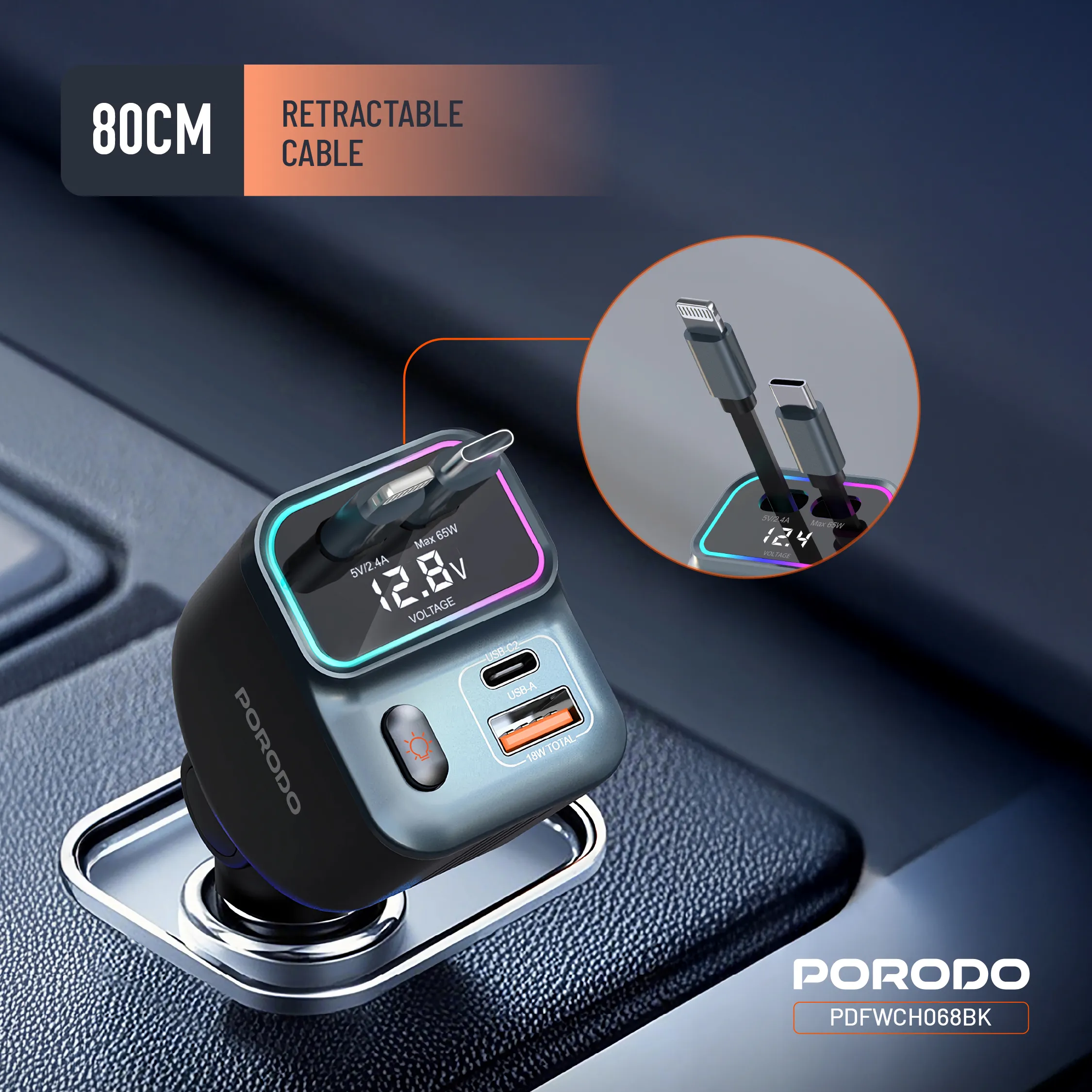 شارژر فندکی و کابل فست Porodo PDFWCH068 65W