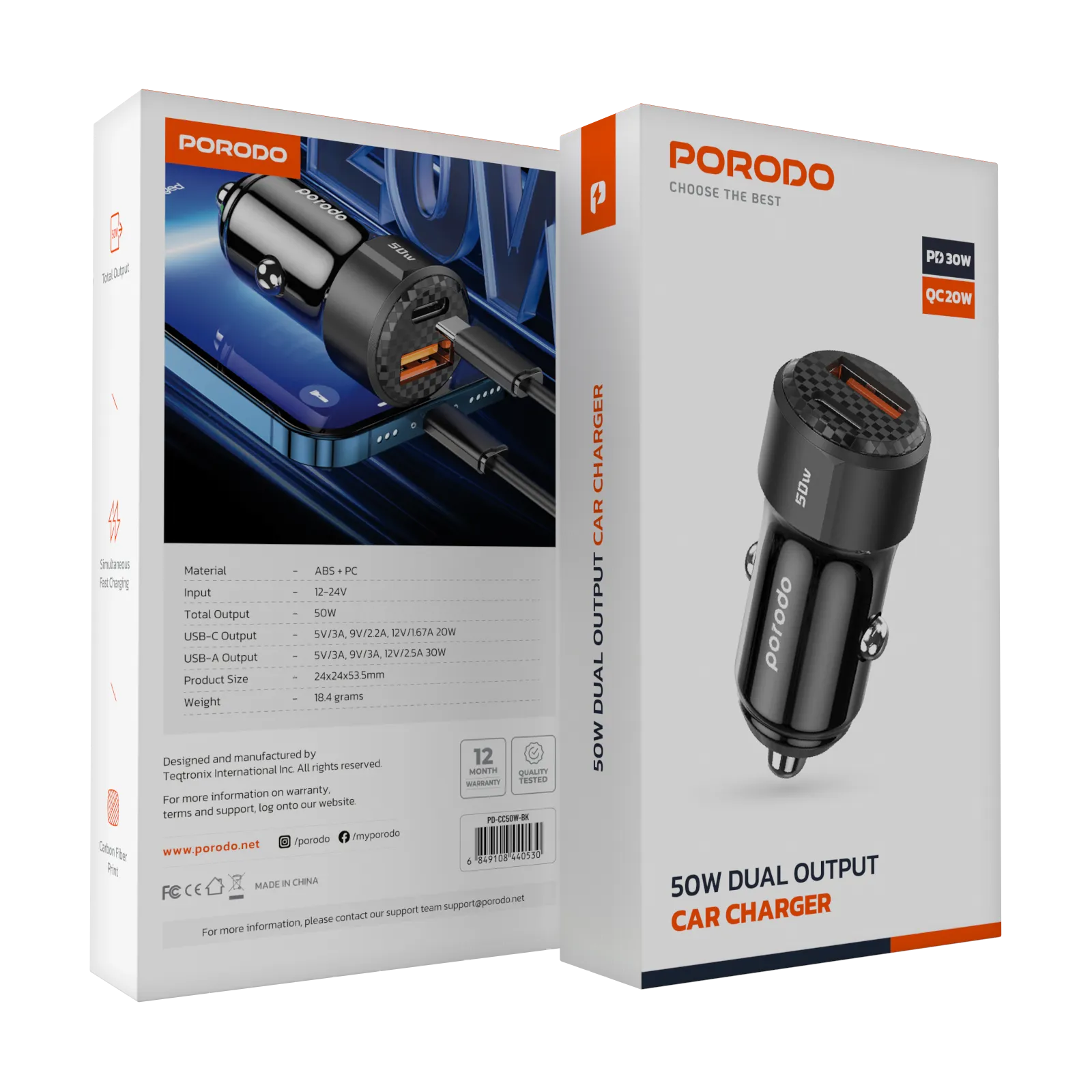 شارژر فندکی + کابل تایپ سی PORODO PD-CC50WC 50W