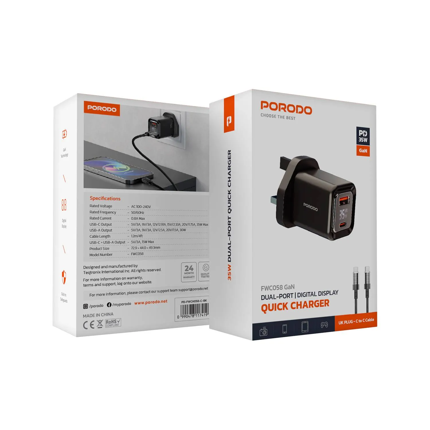 کلگی فست شارژ 2پورت + نمایشگر و کابل تایپ سی Porodo PD-FWCH058-C 35W