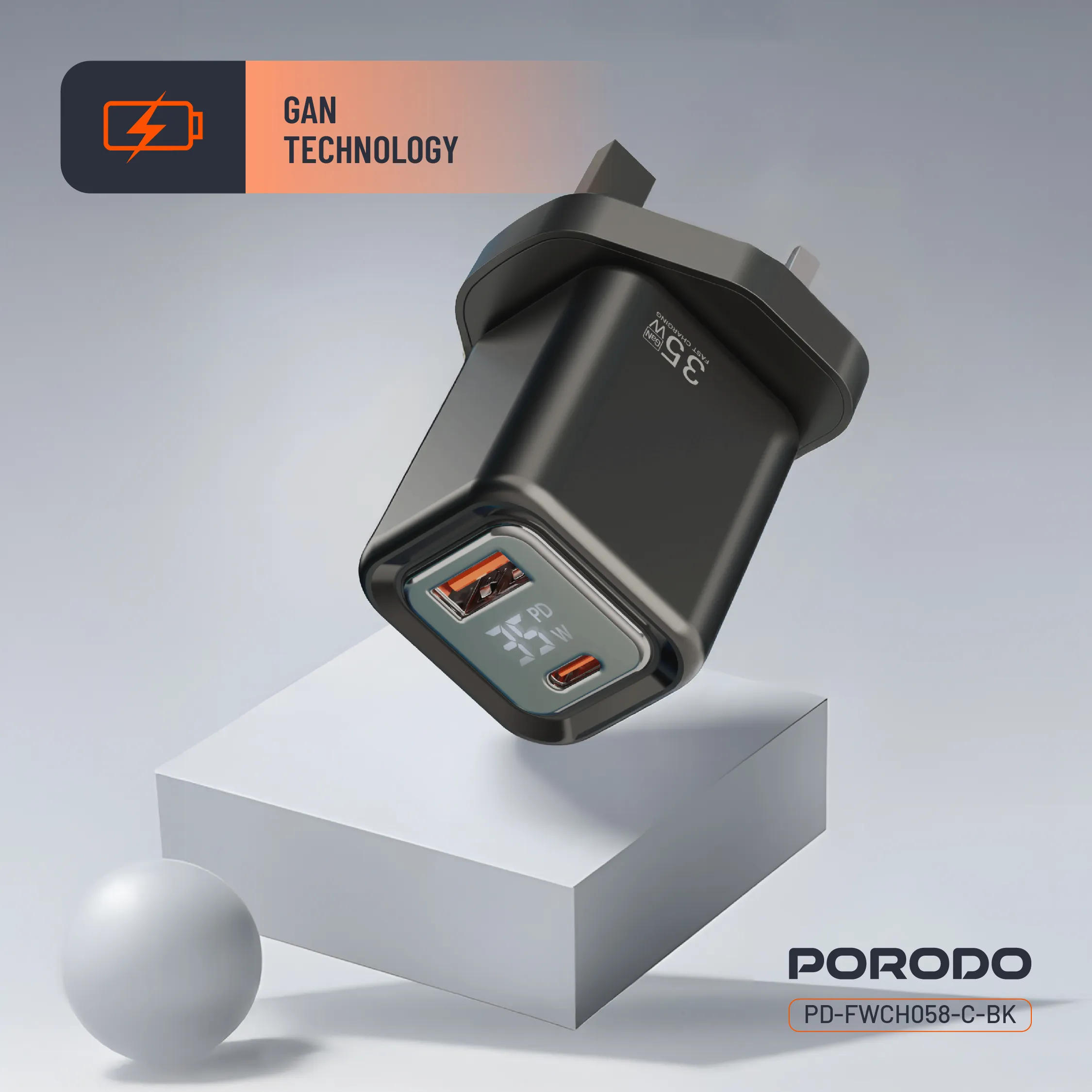 کلگی فست شارژ 2پورت + نمایشگر و کابل تایپ سی Porodo PD-FWCH058-C 35W