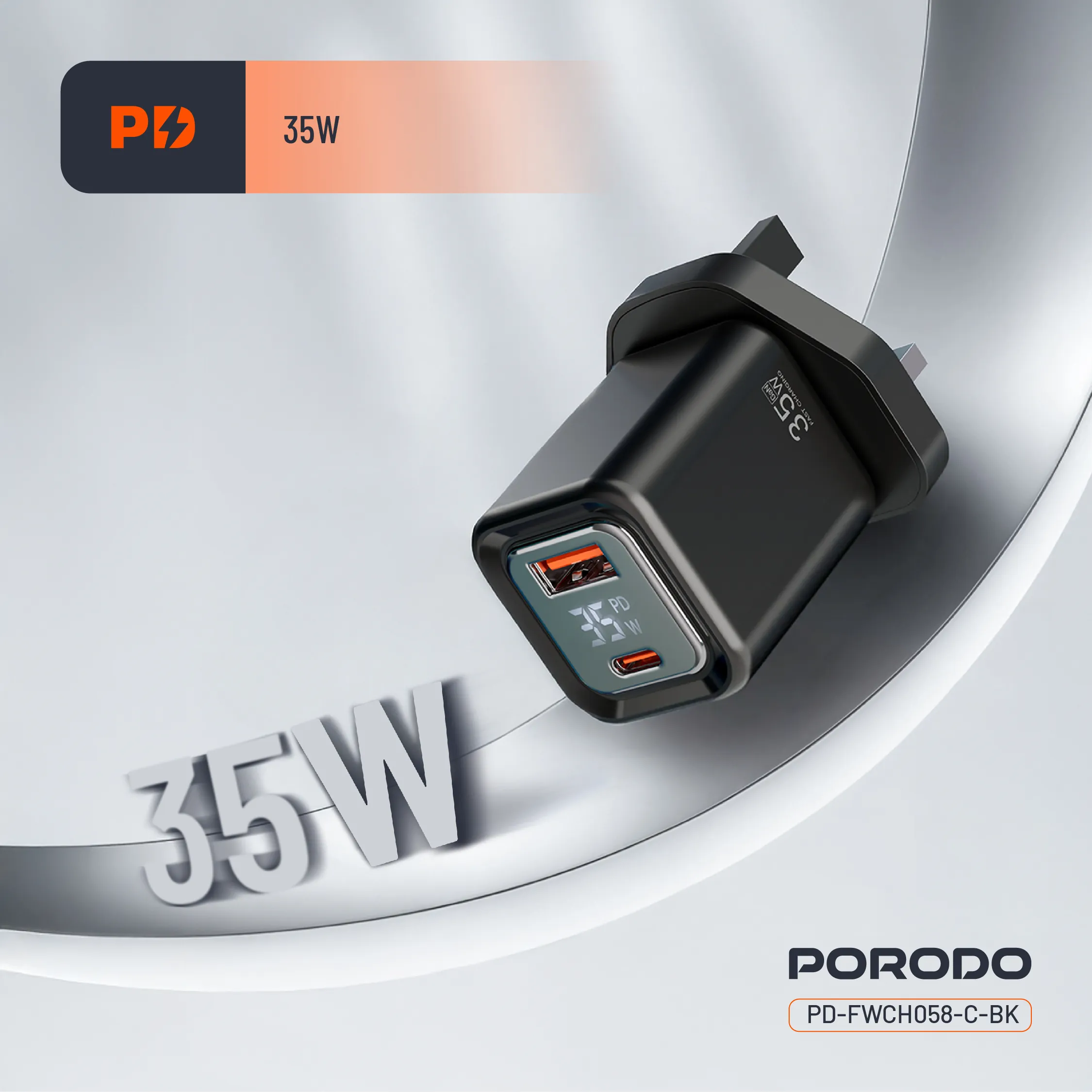 کلگی فست شارژ 2پورت + نمایشگر و کابل تایپ سی Porodo PD-FWCH058-C 35W