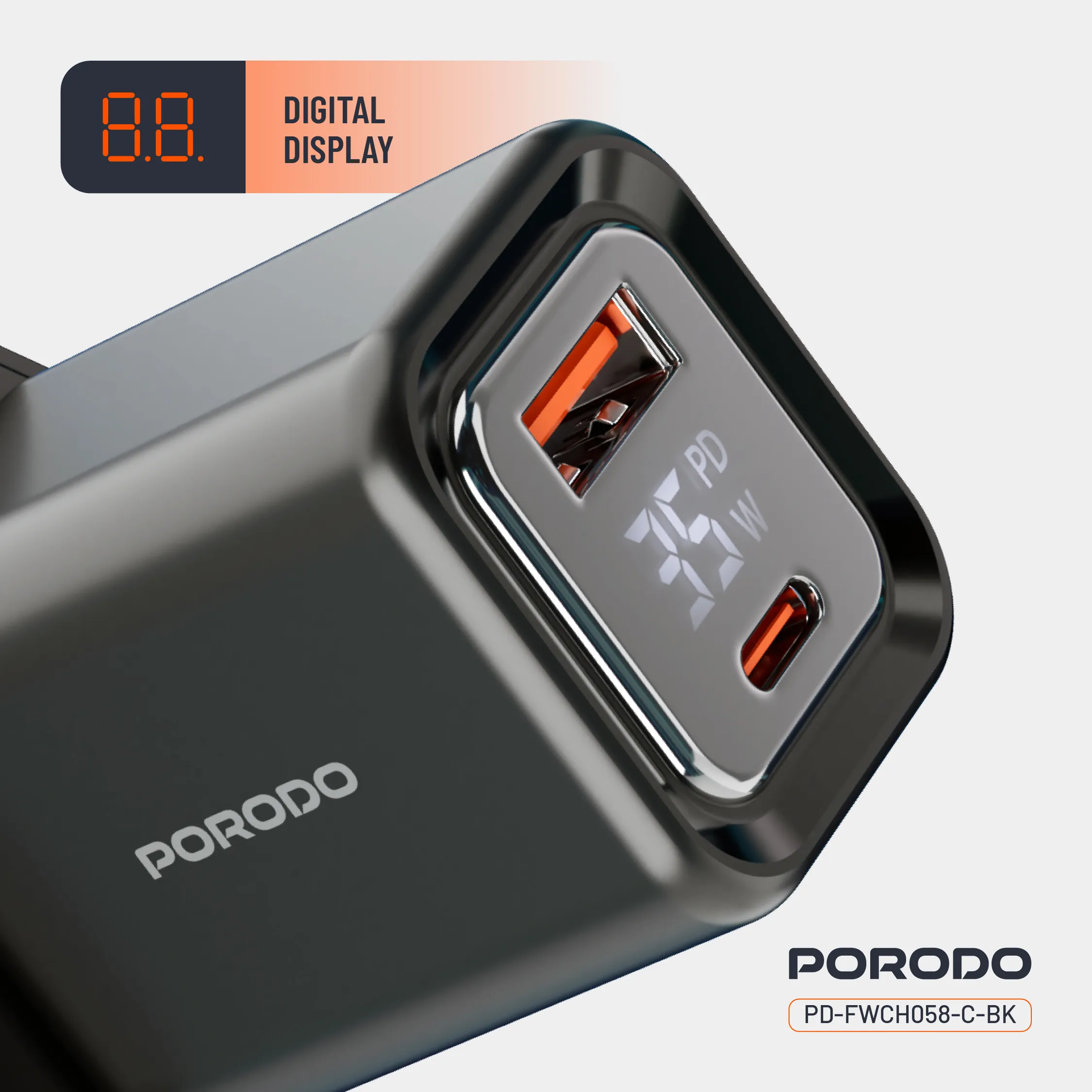 کلگی فست شارژ 2پورت + نمایشگر و کابل تایپ سی Porodo PD-FWCH058-C 35W