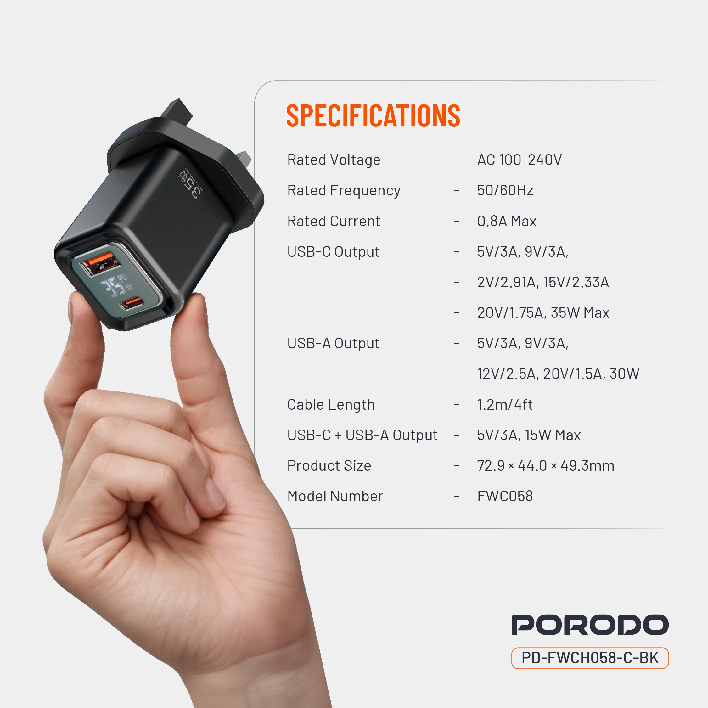 کلگی فست شارژ 2پورت + نمایشگر و کابل تایپ سی Porodo PD-FWCH058-C 35W