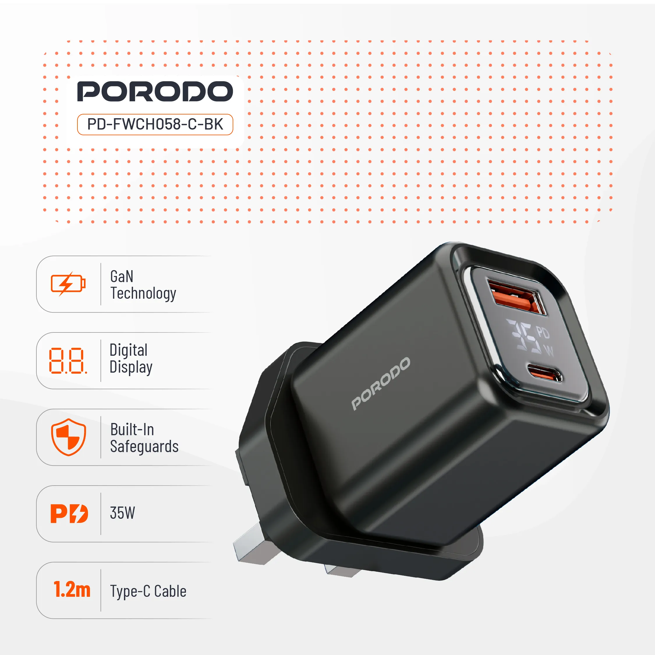 کلگی فست شارژ 2پورت + نمایشگر و کابل تایپ سی Porodo PD-FWCH058-C 35W