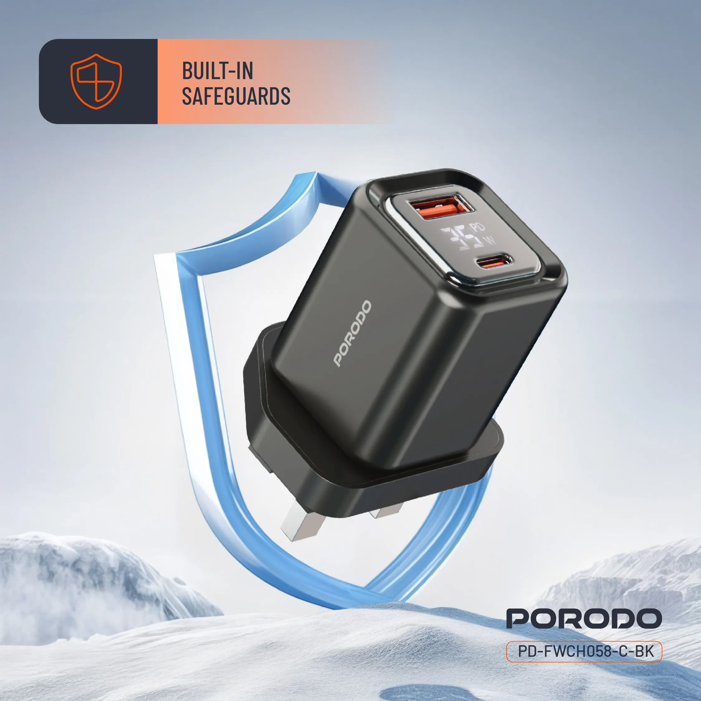 کلگی فست شارژ 2پورت + نمایشگر و کابل تایپ سی Porodo PD-FWCH058-C 35W