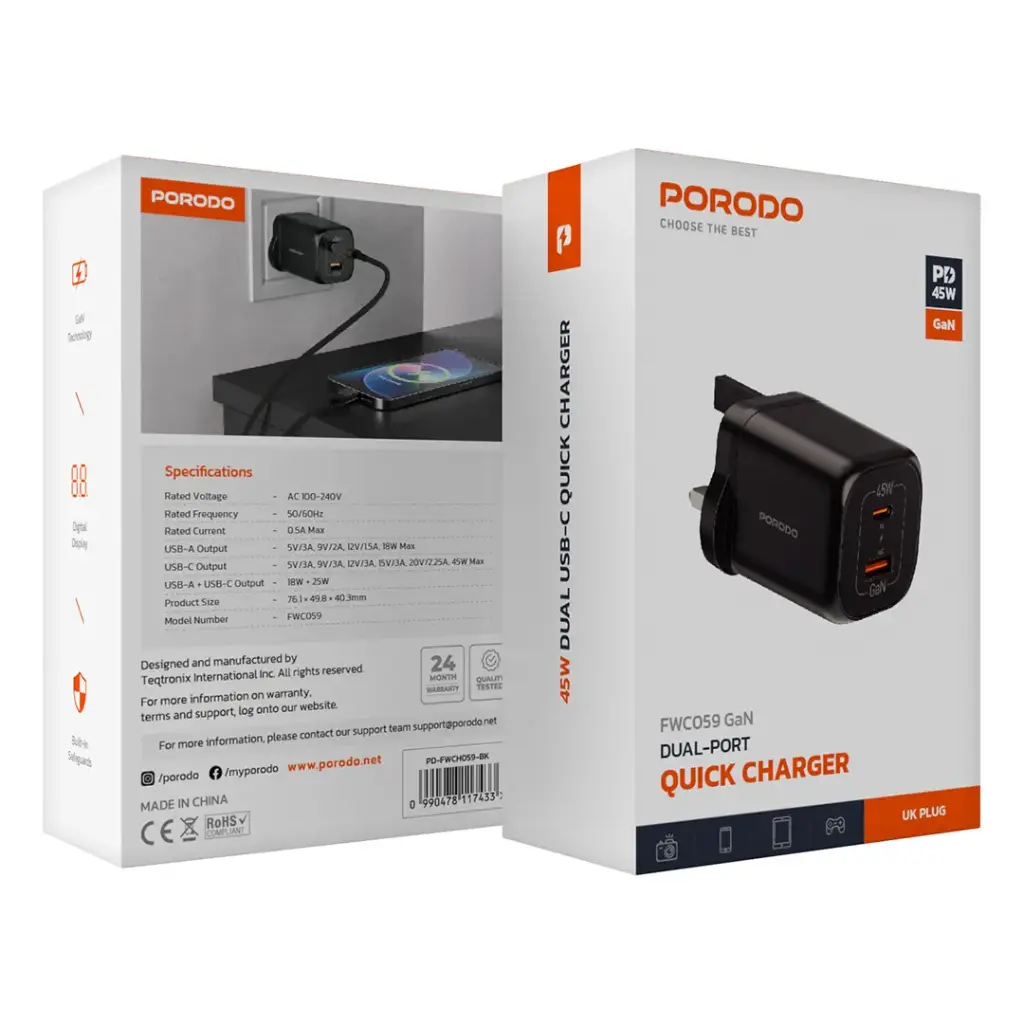 کلگی فست شارژ 2پورت Porodo PD-FWCH059-C 45W