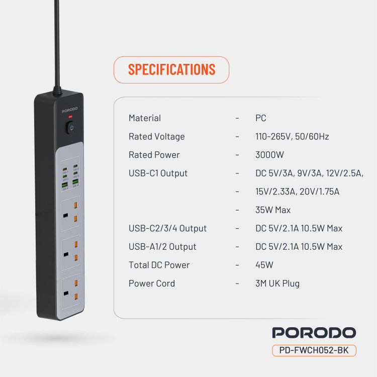چند راهی برق هوشمند Porodo PD-FWCH052 3AC 45W 3000W