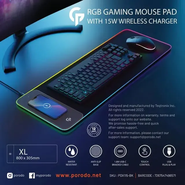 پد موس گیمینگ با شارژر بیسیم سریع ۱۵ واتی Porodo Gaming PDX115 RGB