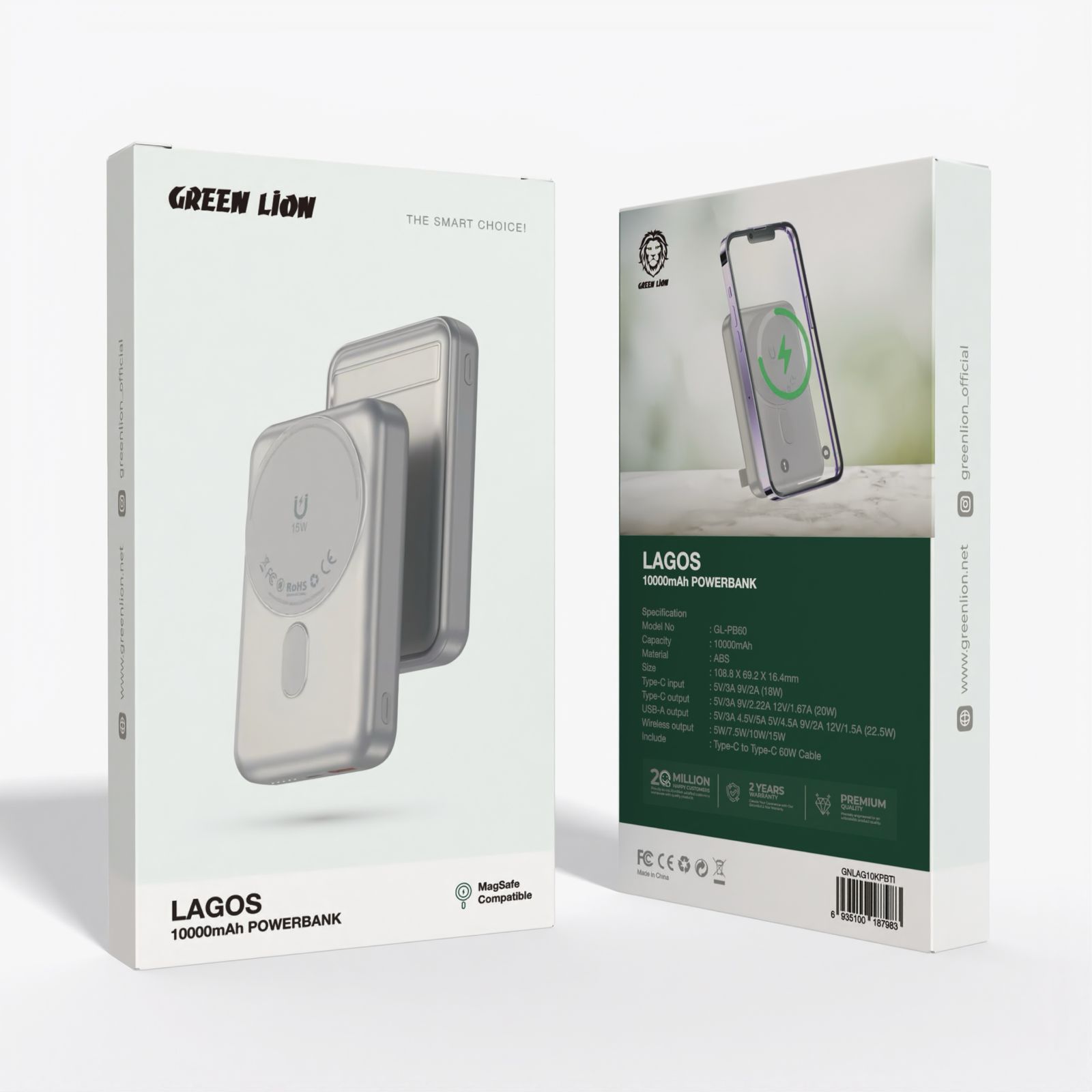 پاور بانک بی سیم فست شارژ گرین لاین Lagos GL-PB60 PD 22.5W ظرفیت 10000 میلی آمپر ساعت