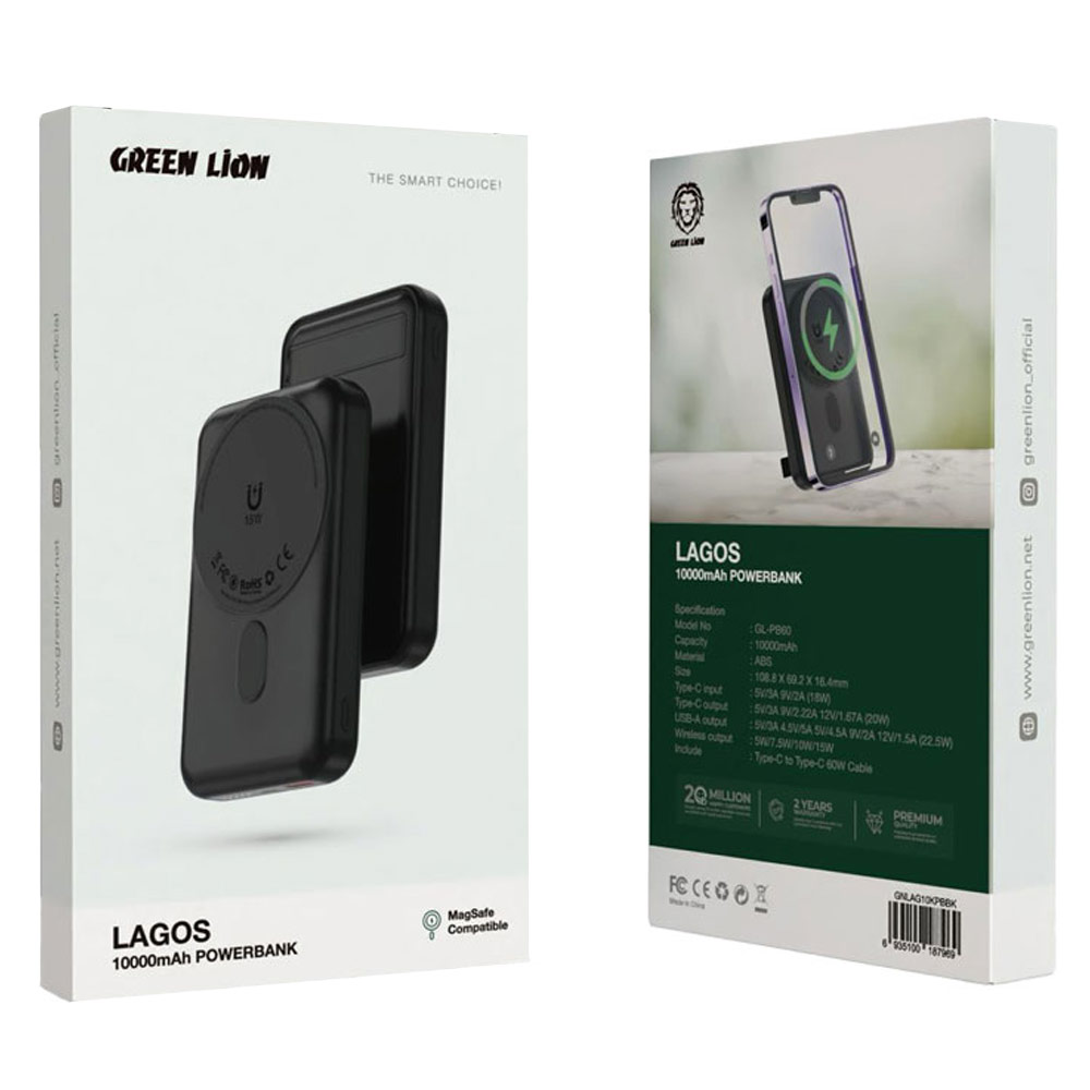پاور بانک بی سیم فست شارژ گرین لاین Lagos GL-PB60 PD 22.5W ظرفیت 10000 میلی آمپر ساعت