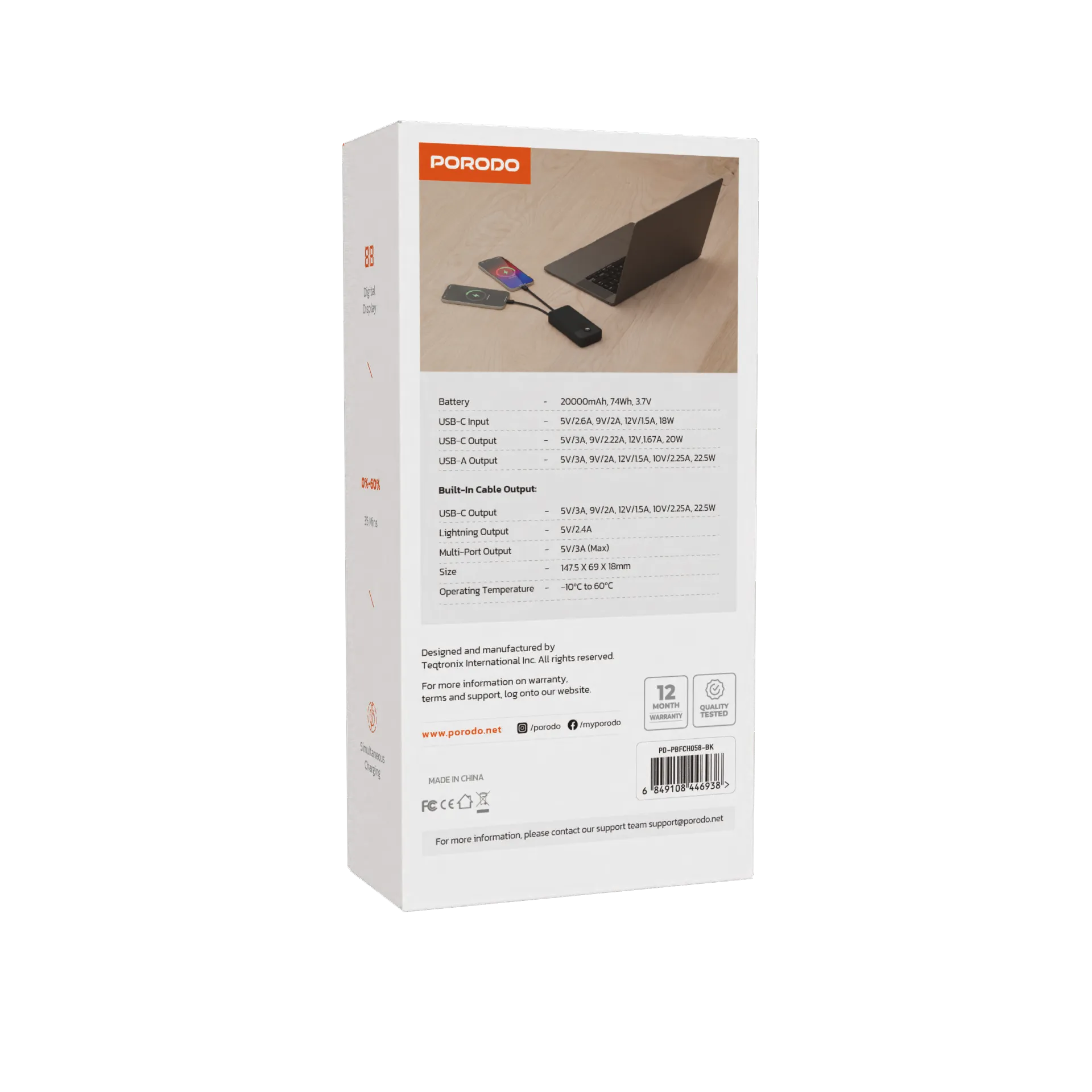 پاور بانک و کابل فست شارژ Porodo PD-PBFCH059 30000mAh