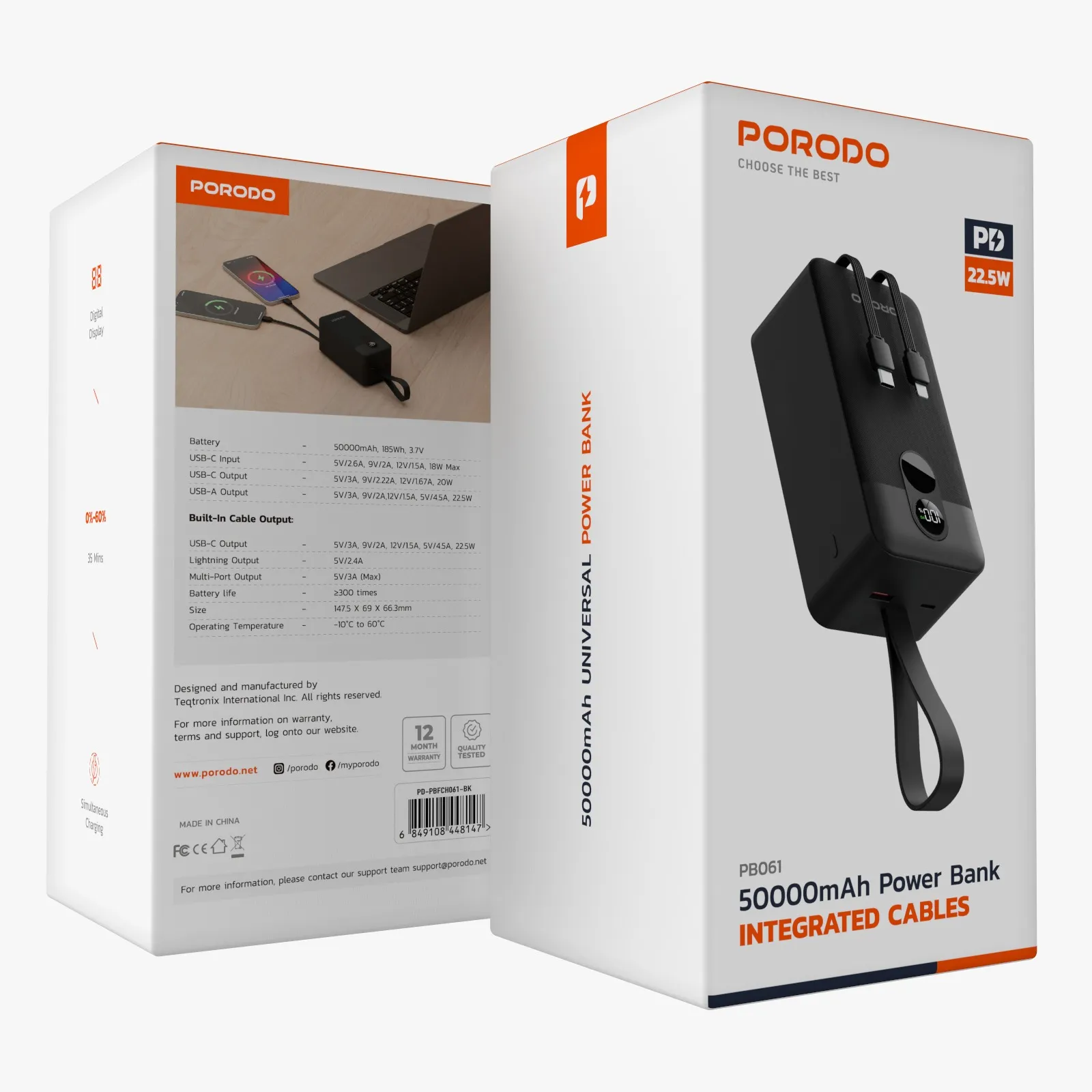 پاور بانک و کابل فست شارژ Porodo PD-PBFCH061 50000mAh