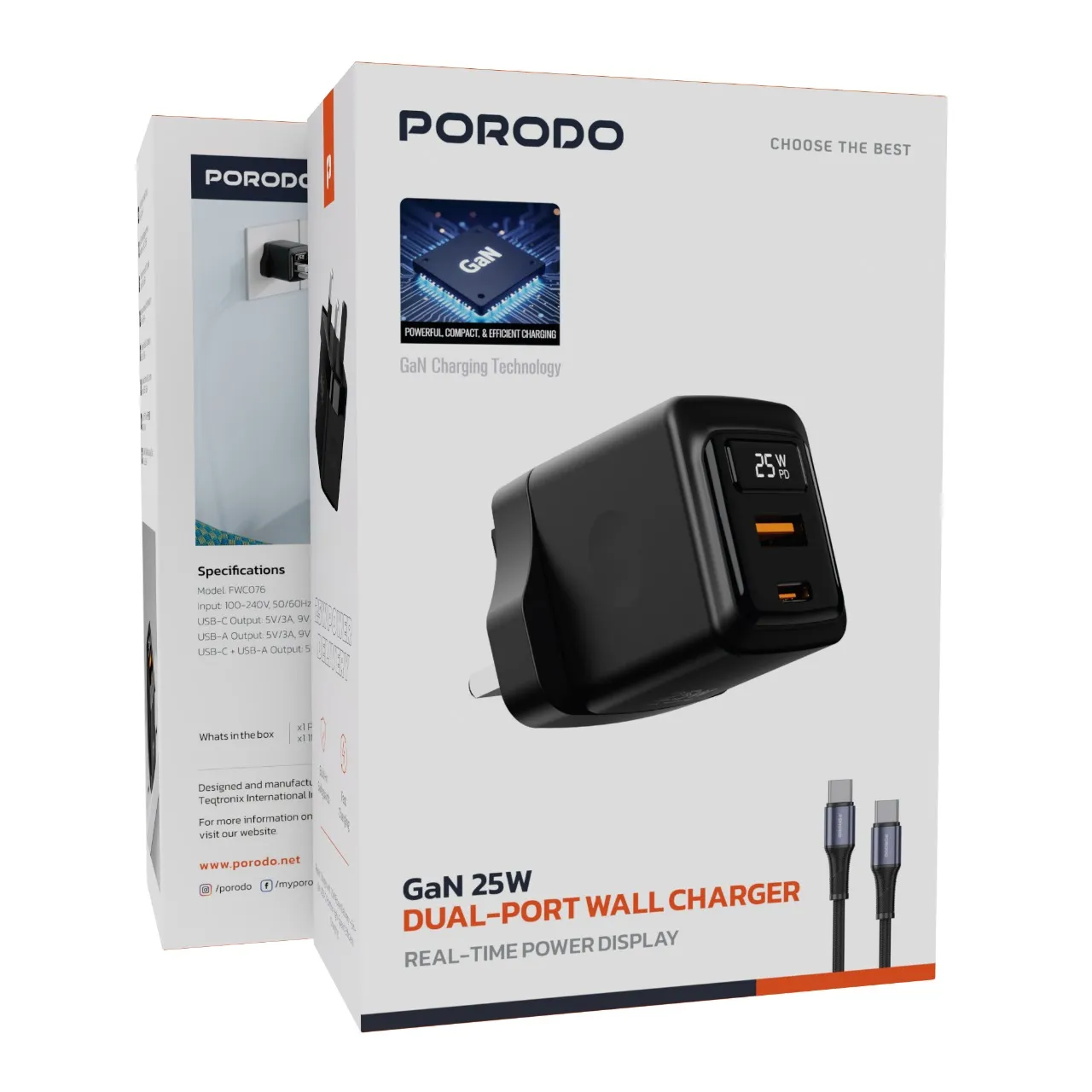 شارژر دیواری دو پورت با نمایشگر Porodo PDFWCH076CBK GaN 25W