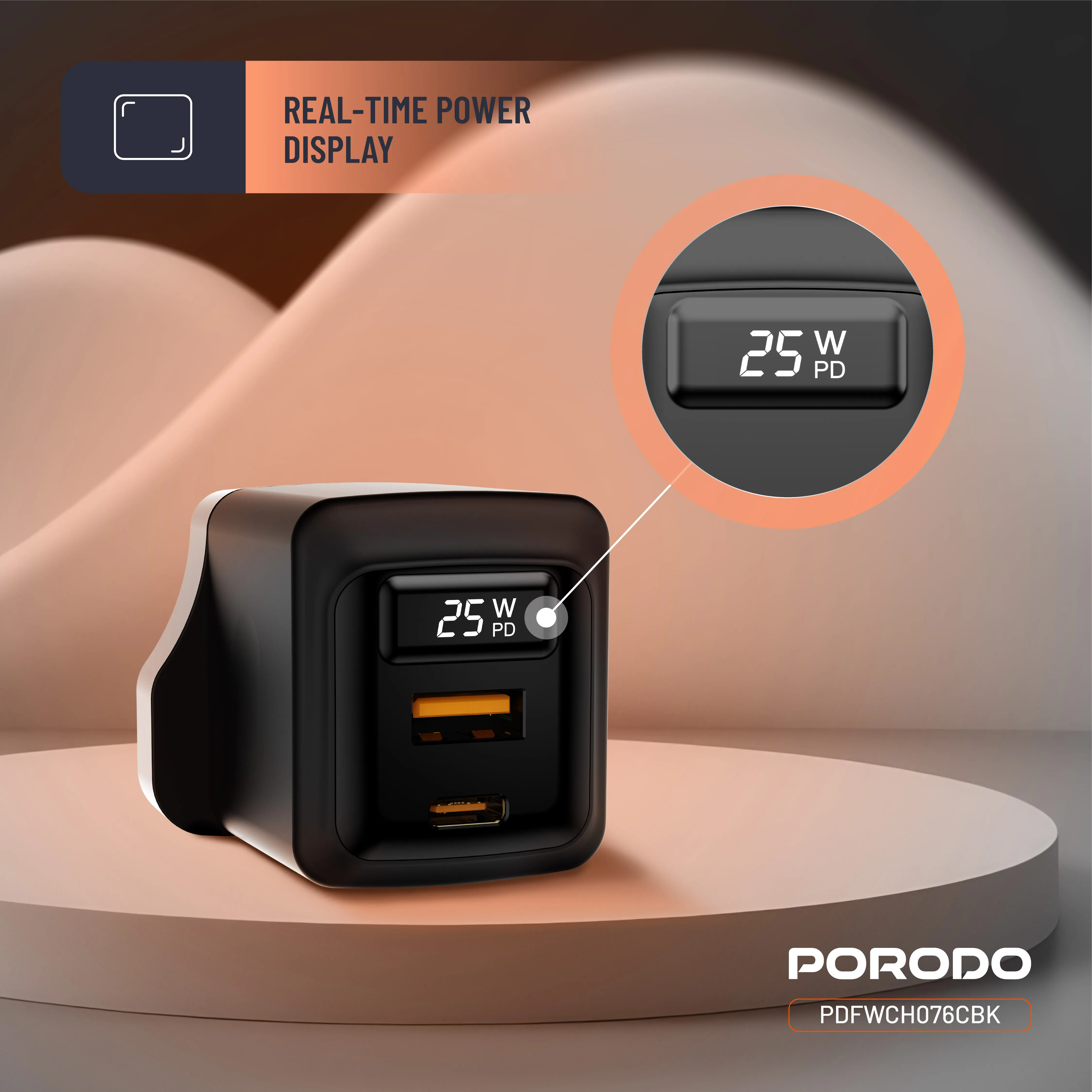 شارژر دیواری دو پورت با نمایشگر Porodo PDFWCH076CBK GaN 25W