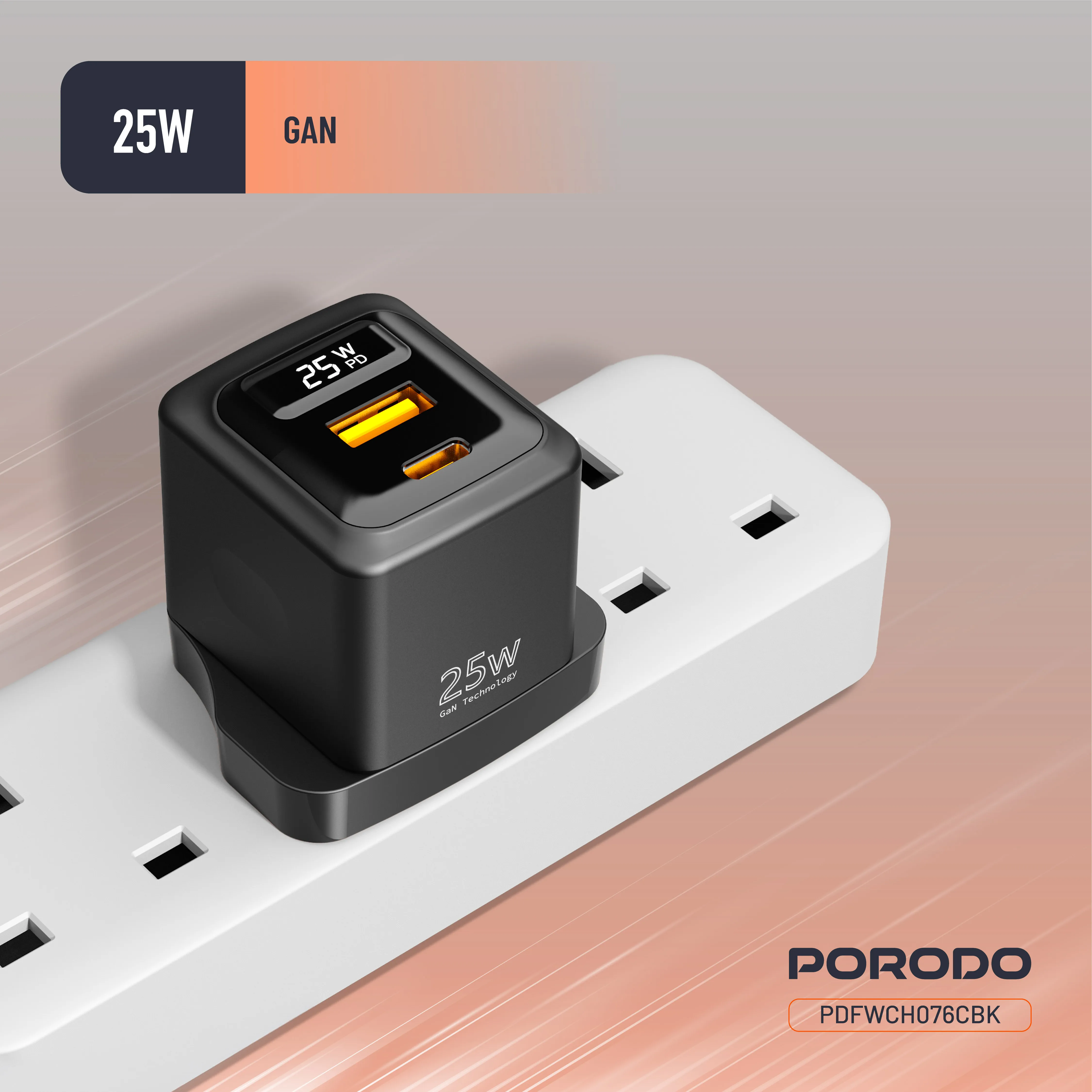 شارژر دیواری دو پورت با نمایشگر Porodo PDFWCH076CBK GaN 25W
