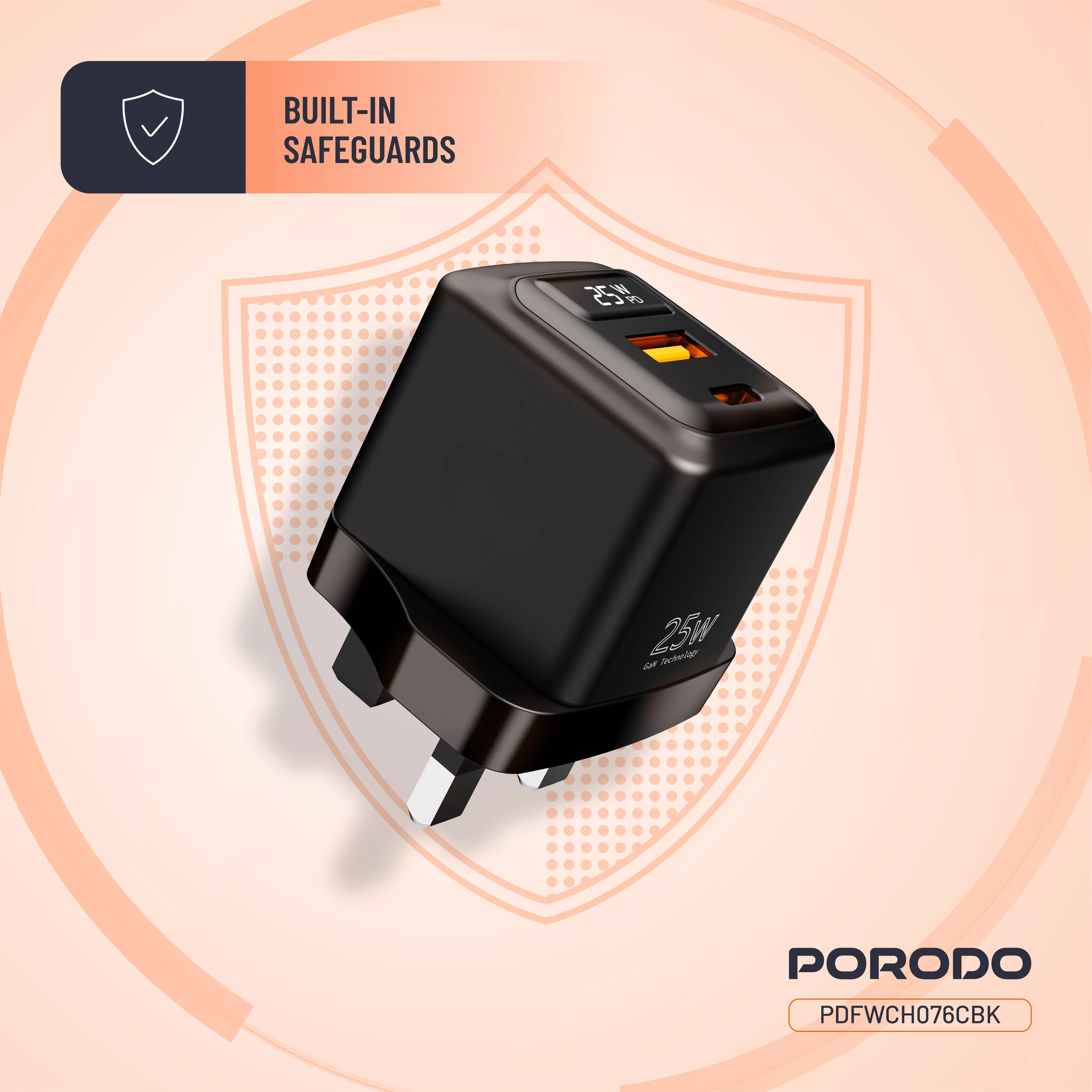 شارژر دیواری دو پورت با نمایشگر Porodo PDFWCH076CBK GaN 25W
