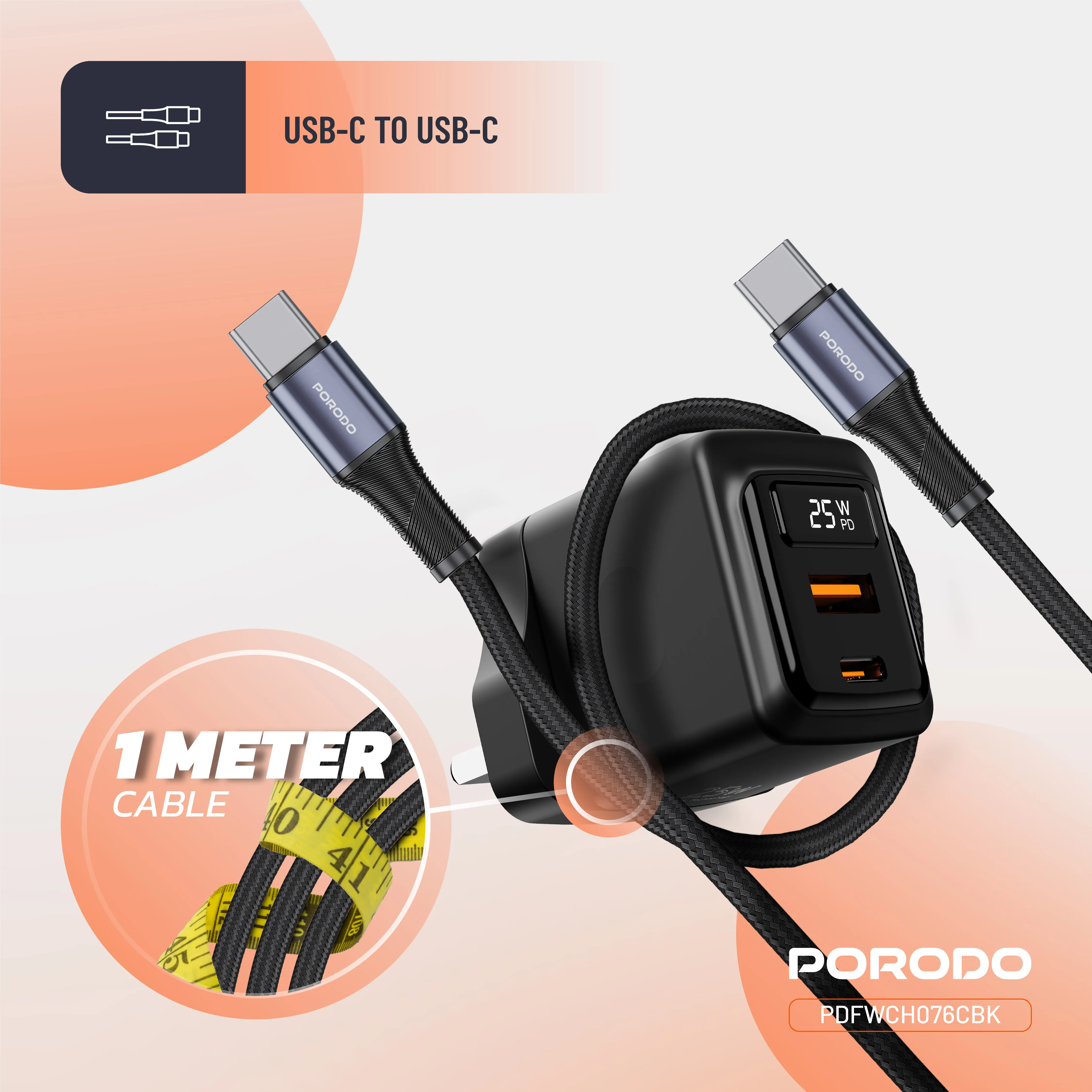 شارژر دیواری دو پورت با نمایشگر Porodo PDFWCH076CBK GaN 25W
