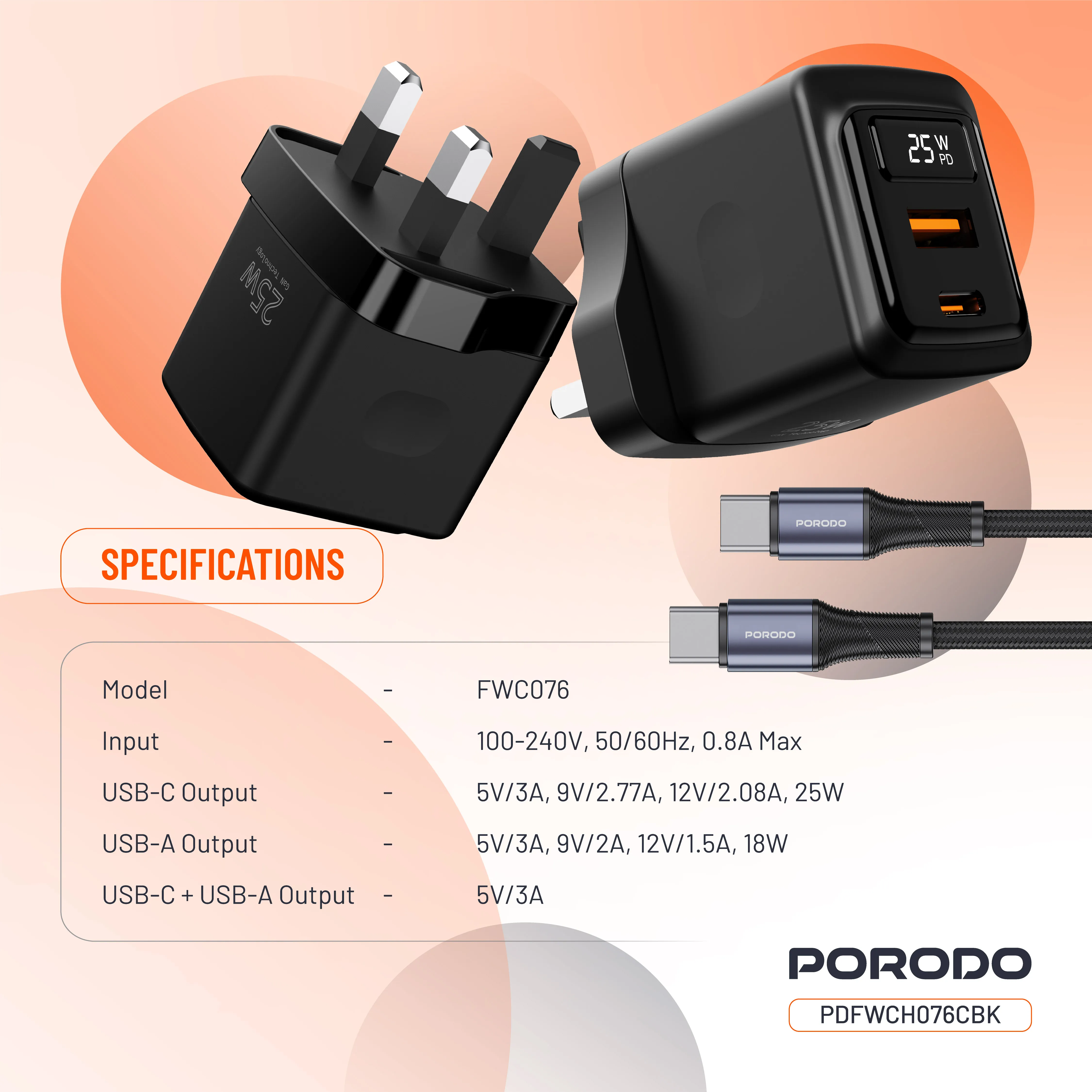 شارژر دیواری دو پورت با نمایشگر Porodo PDFWCH076CBK GaN 25W