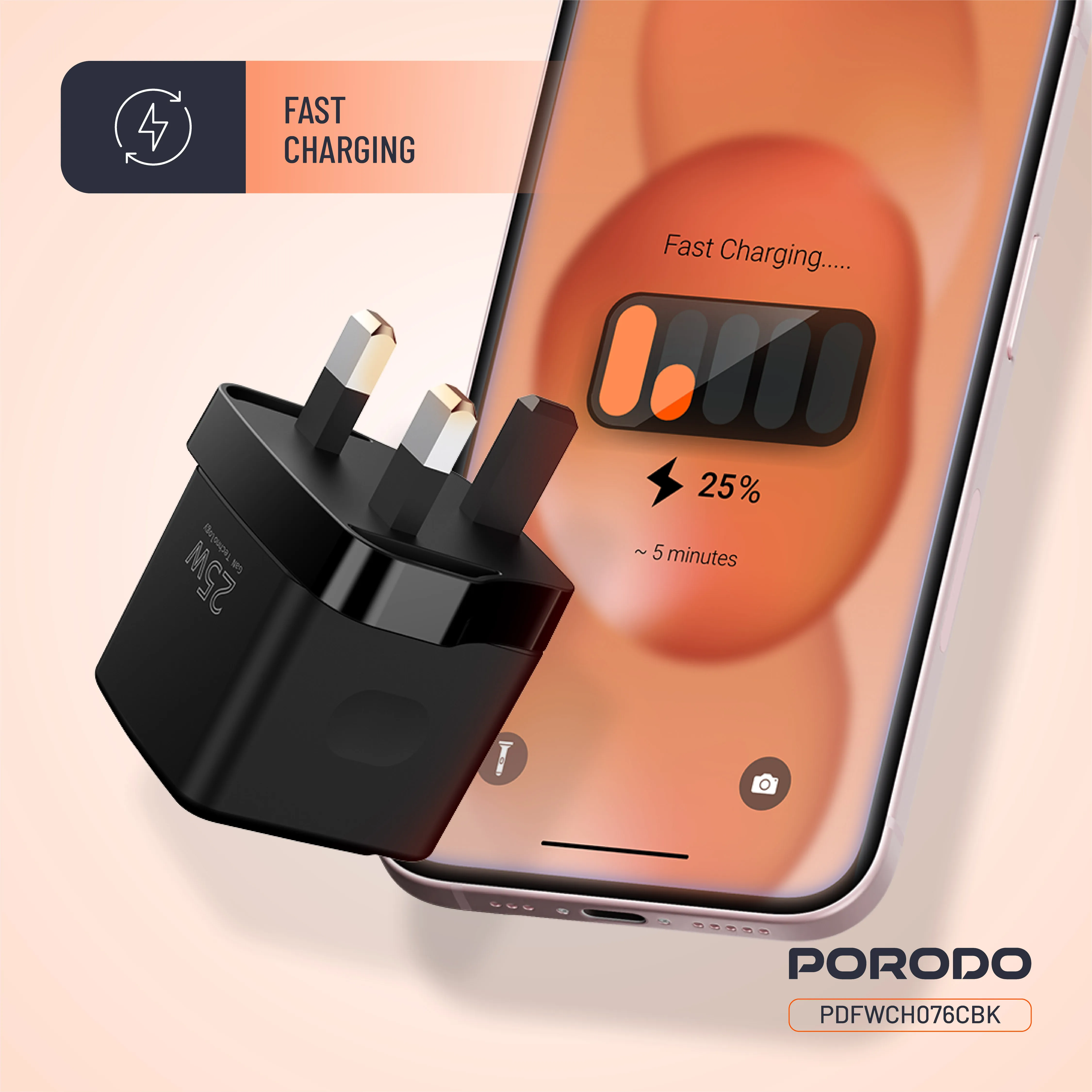 شارژر دیواری دو پورت با نمایشگر Porodo PDFWCH076CBK GaN 25W