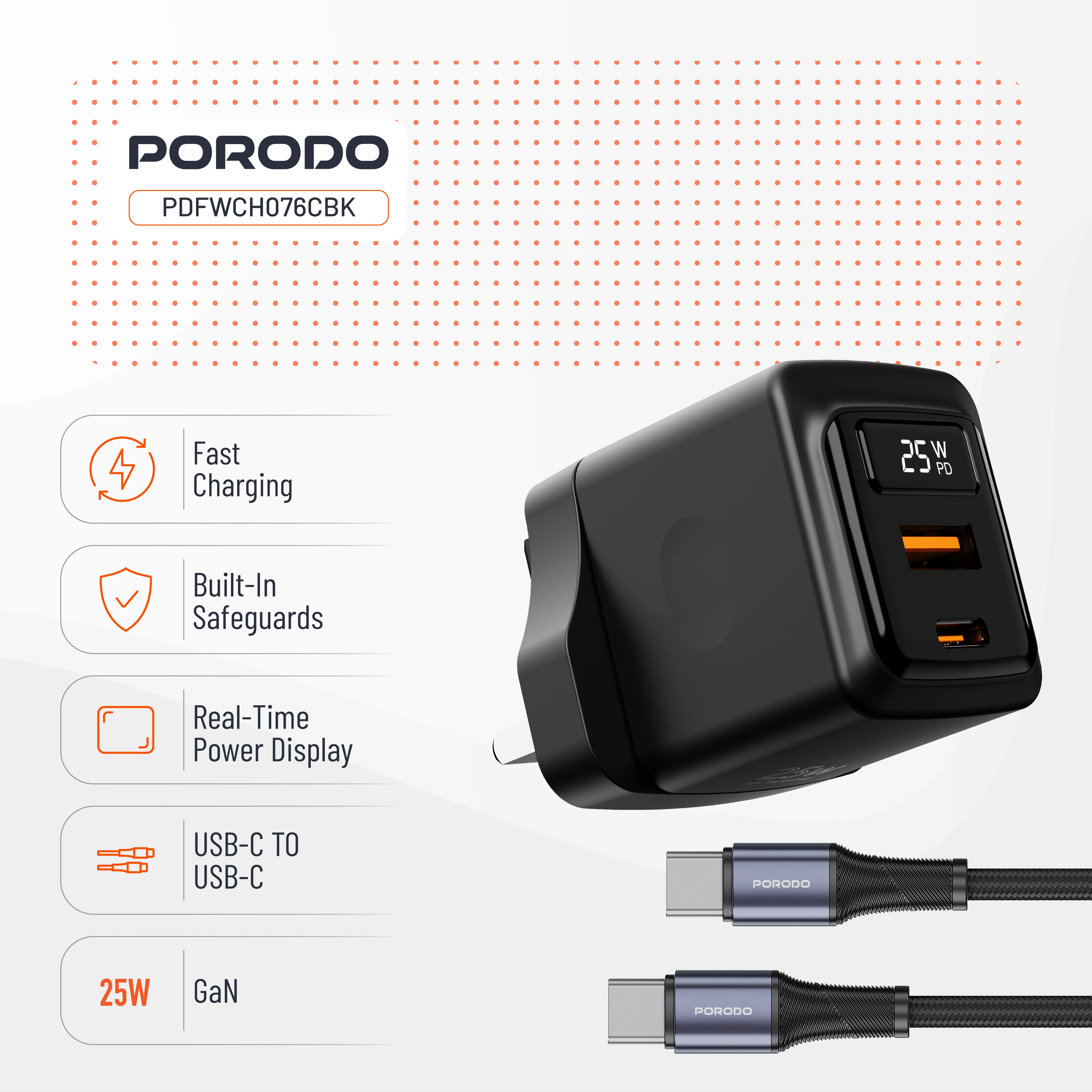شارژر دیواری دو پورت با نمایشگر Porodo PDFWCH076CBK GaN 25W