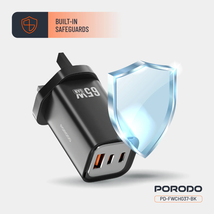 شارژر دیواری سه پورت Porodo PD-FWCH037 65W