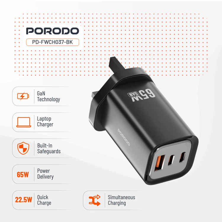 شارژر دیواری سه پورت Porodo PD-FWCH037 65W